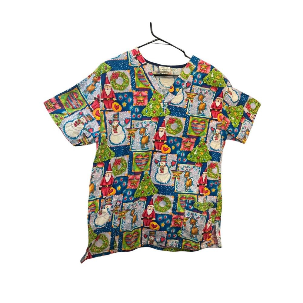 White Swan Fundamentally Cotton Scrub Top Christmas Medium Santa Claus Snowman